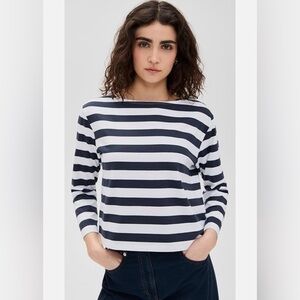 Theory Striped Long Sleeve Boat Neck Pima Cotton T-shirt